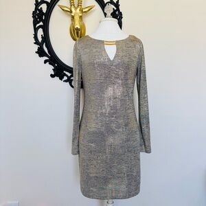 Vince Camuto Gold and Gray Shiny Long Sleeve Dress